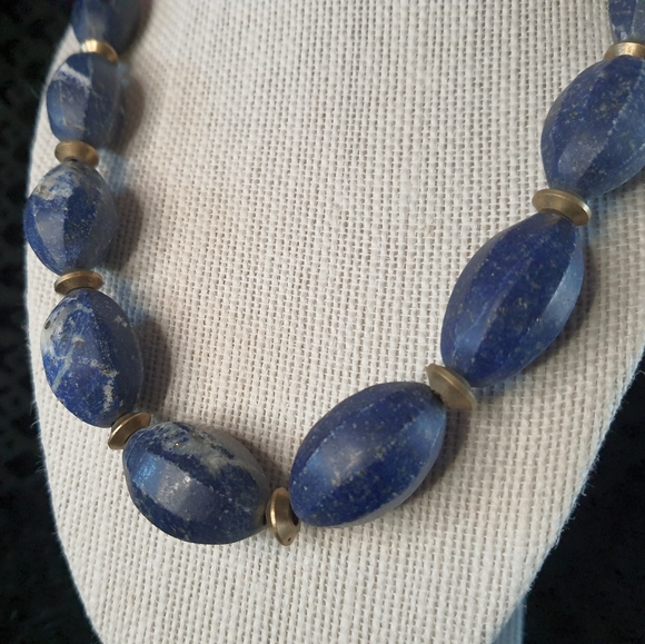 Vintage Lapis & Brass Chunky Necklace - Picture 2 of 7